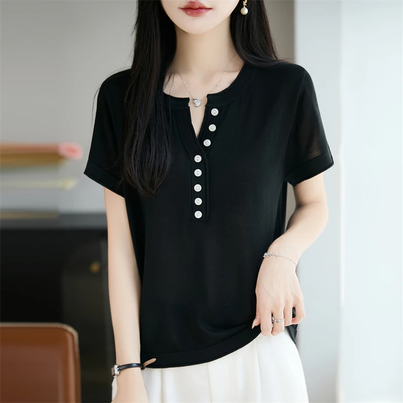V-neck short sleeved T-shirt for women's fashion summer new item, Lyocell knitted Korean style loose top, short sleeve