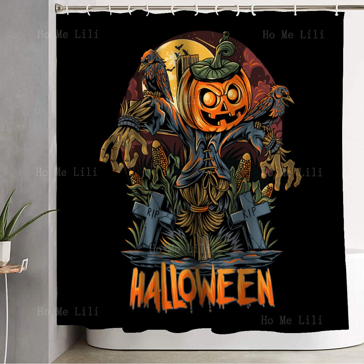 Hand-Painted Halloween Scarecrow With Ghostly Pumpkins On A Dark Night Shower Curtain For Bathroom Decor