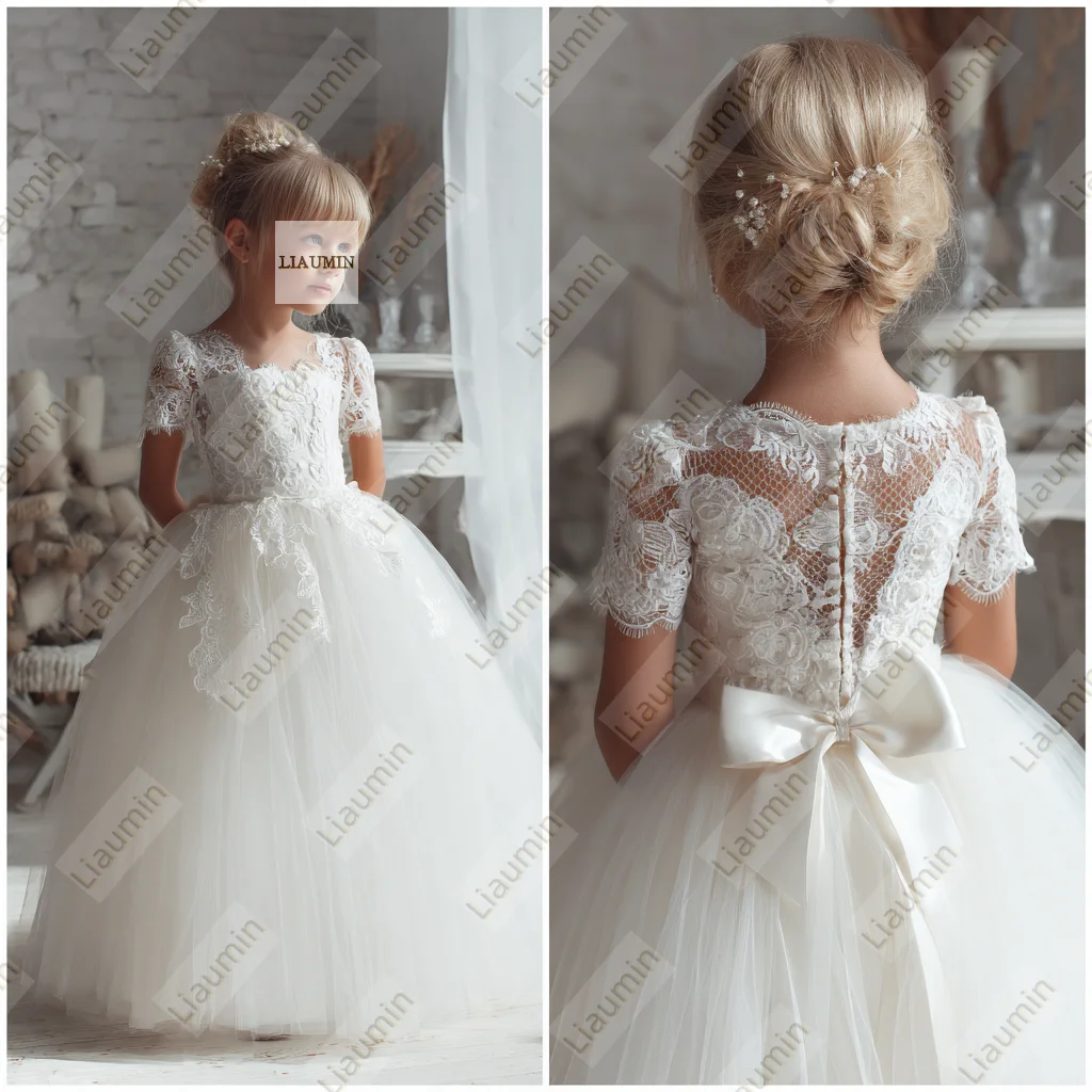 

Flower Girl Dresses For Wedding Tulle Princess Lace Short Sleeve First Communion Gowns Brithday Party Skirt Customized W1.1.6