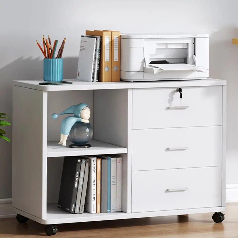 3 Drawer White Storage Cabinet, 360 Degree Wheels,High Capacity,Strong Load-bearing, With Lock,Home Office Wood File Cabinet