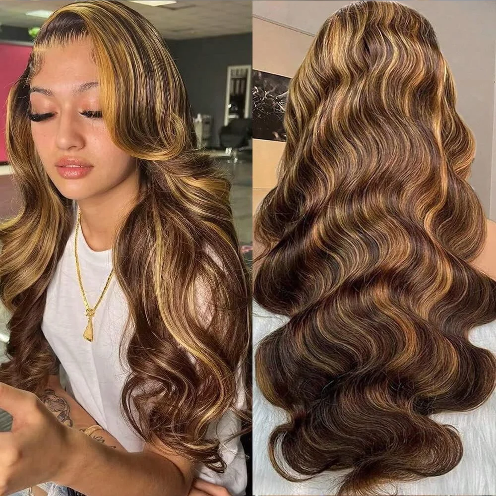 13x4 Highlight Ombre Lace Front Wig Human Hair 4/27 Body Wave Honey Blonde Pre Plucked With Baby Hair HD Lace Front Wigs 200%