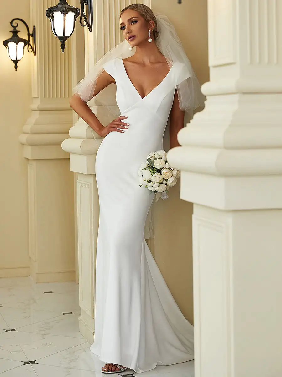 Abiti da sposa eleganti Manica ad aletta Profondo scollo a V Backless Ever Pretty 2024 di abiti bianchi a coda di pesce a trapezio a sirena