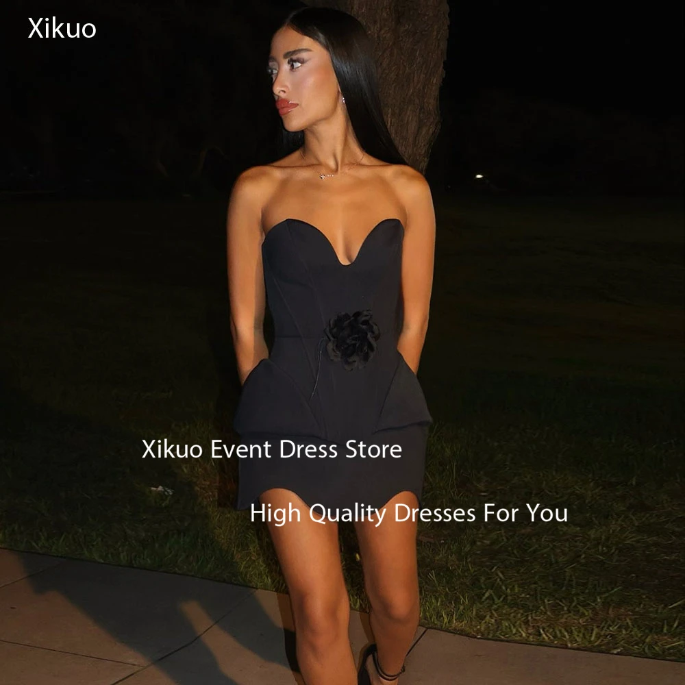 

Xikuo Black Floral Detailed Prom Dresses Mini Length Bespoke Occasion Dresses Modern Sweetheart Homecoming Dress Customized