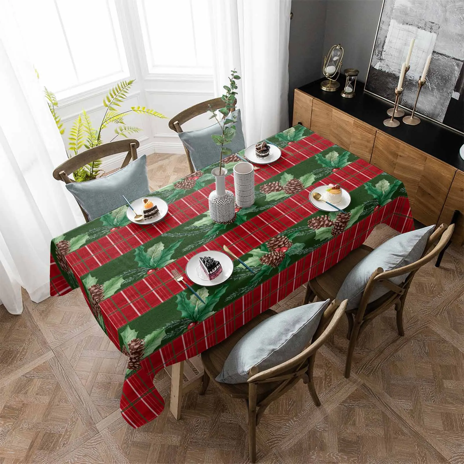 Christmas Plants Berries Pinecone Watercolor Tablecloth Waterproof Dining Table Rectangular Round Table Cover Home Kitchen Decor