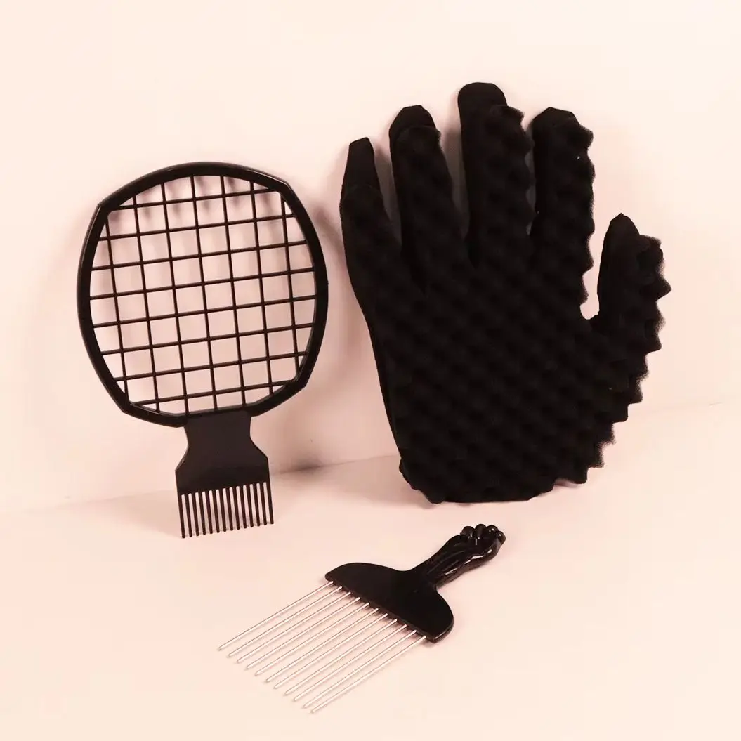 Professional Hairstyling Comb Set - African Insert Comb, Hairstyling Perm Grid Comb, Sponge Gloves, special for real hair wigs
