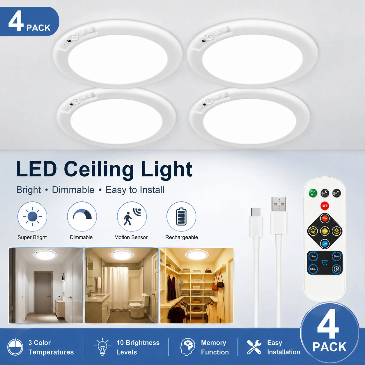 GMOX 4-Pack Rechargeable Motion Sensor Ceiling Light Wireless LED Indoor Closet Light with Remote Control 3 Color Temperature Dimmable