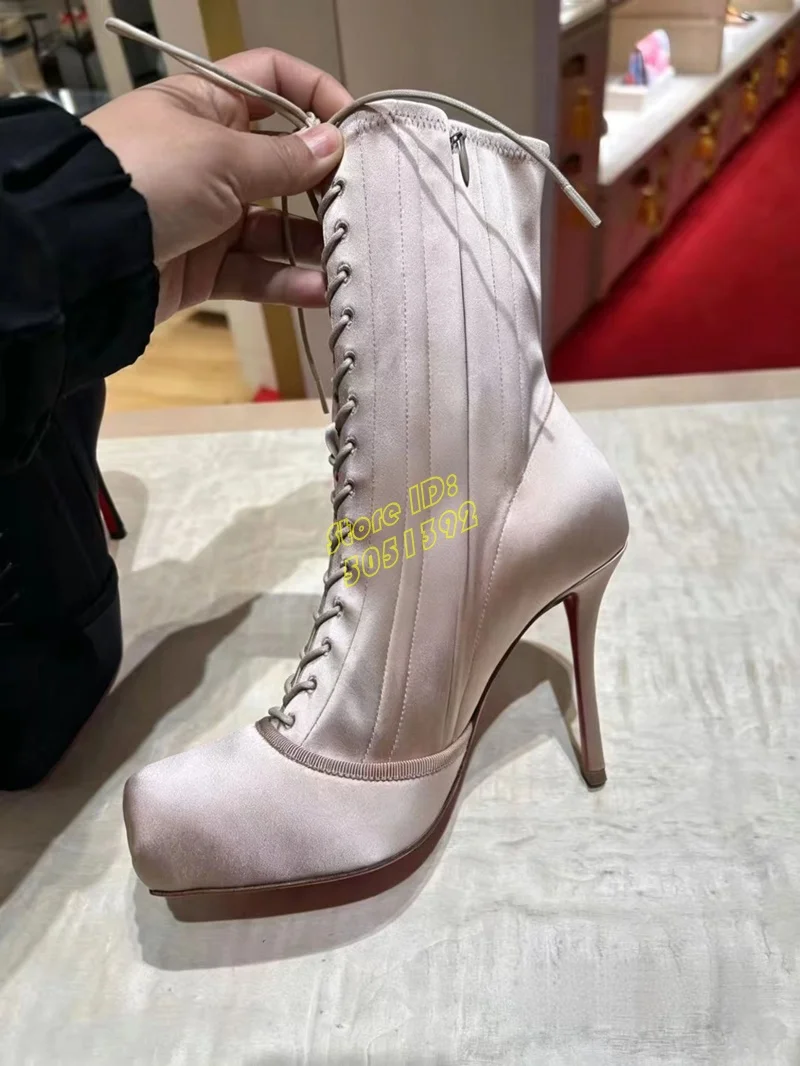 

2026 Satin Lace Up Ankle Booties Square Toe Stiletto Thin High Heel Runway 2026 Spring Autumn Women Dress Shoes Black Handmade
