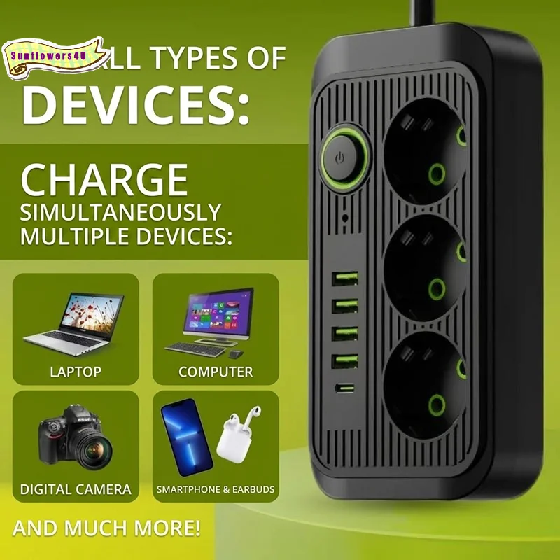 220V Europe Power Strip Socket with USB Type-C Ports Multi Extension Outlets KR EU Plug for Dorm Use