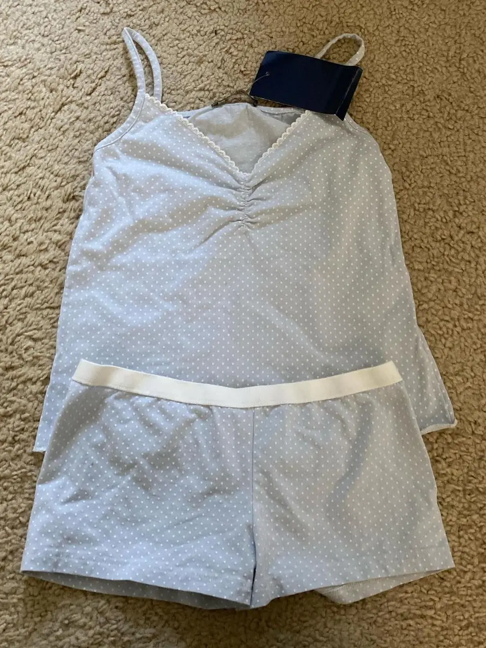 Conjunto de pijama de algodão azul feminino, regata com decote em v, elástico na cintura, calça curta reta, Sweet Home Set, 2 peças