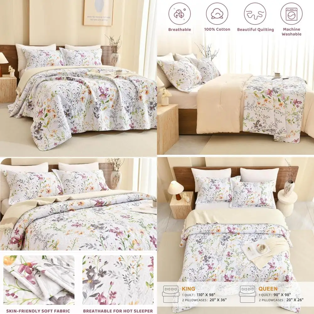 

Комплект стеганых покрытий из 100% хлопка с цветочным принтом размера «queen-size» и ботаническим принтом желтого дикого цветка, 3 предмета