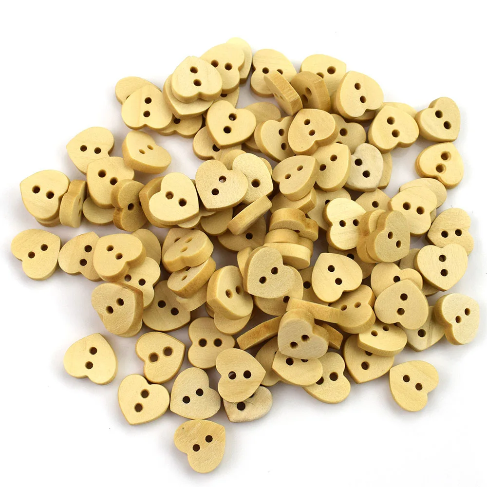 50PCS 12MM Natural Wooden Heart-Shaped 2 Hole Buttons Handmade Clothing Decoration Scrapbook Diy Home Sewing Accessories