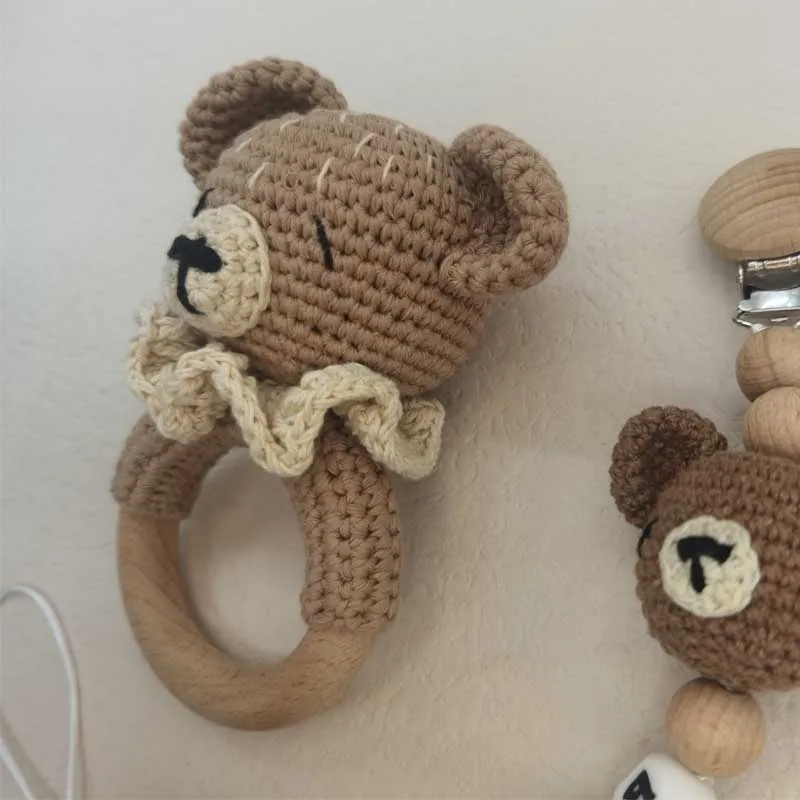 Chocalho do bebê crochê urso mordedor chocalho com sinos chupeta corrente recém-nascido montessori brinquedo educativo anéis de madeira brinquedos do bebê