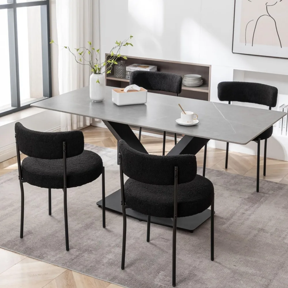 Dining Chairs Set of 4, Upholstered Dining Room Chairs with Black Metal Legs, Round Modern Dining Chair
