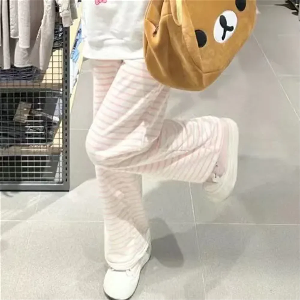 Cute Y2K Striped Pants Women Kawaii Sweet Harajuku Fleece Sports Korean Fashion Sweatpants Girly Basic Cartoon Japanese Trousers