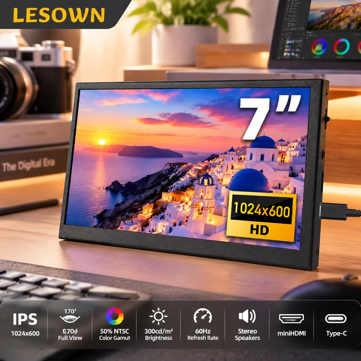 LESOWN 7, 10.1인치 LCD 모니터, 1024x600 해상도, 60Hz 주사율, HDTV 입력 지원, VESA 75 규격, 알루미늄 하우징, 내장 스피커, 노트북용 보조 모니터로 사용 가능