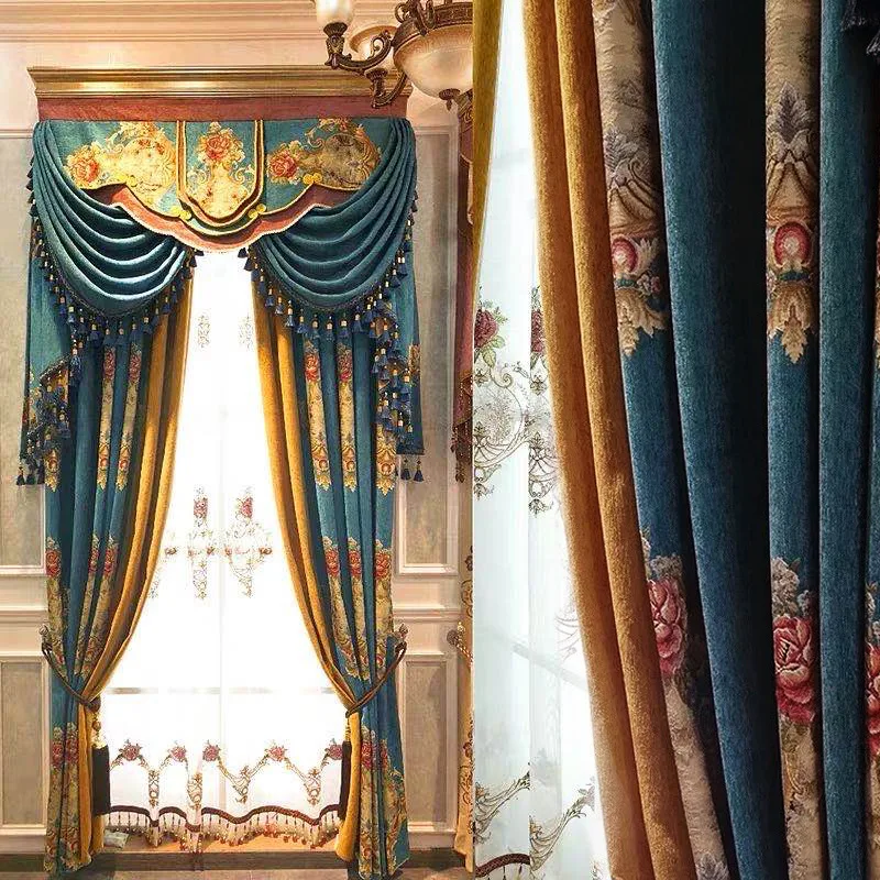 Luxury European Style Curtains for Living Room Bedroom Dining Room Emerald Blue Blackout Curtains Chenille Customized Curtains