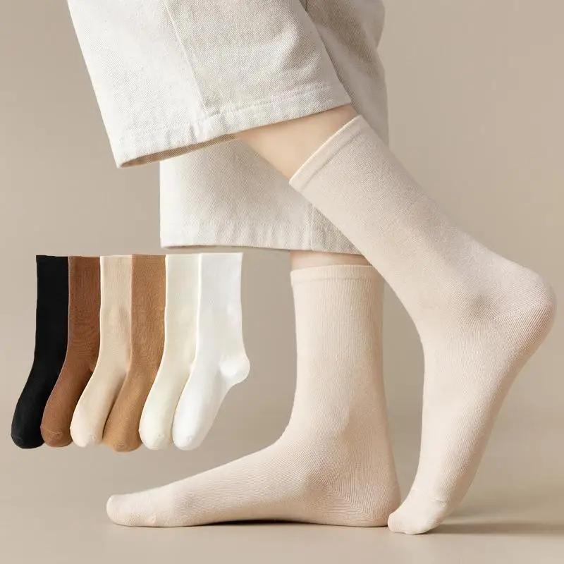 5Pairs Women Mid-calf Sock Spring Autumn Simple Solid Basic Socks All Seasons Cotton Blends Breathable Versatile Everyday Wear