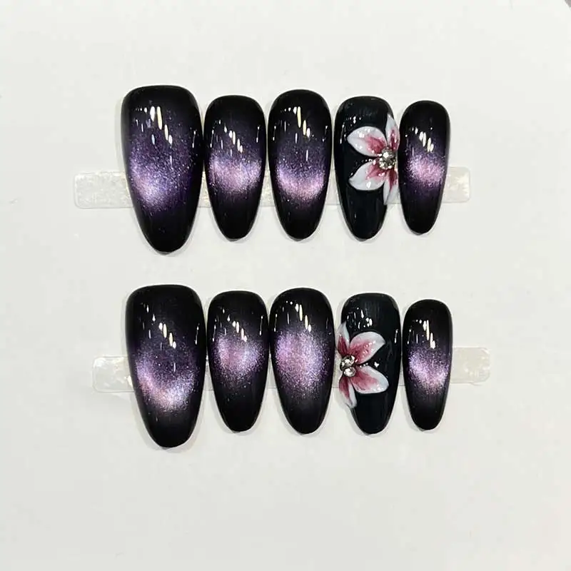 

10pcs Purple Cat's Eye Handmade 3D Flower Design Fake Nails Tips Glitter Mid Oval Press on Nails Art False Nail Cool Girl