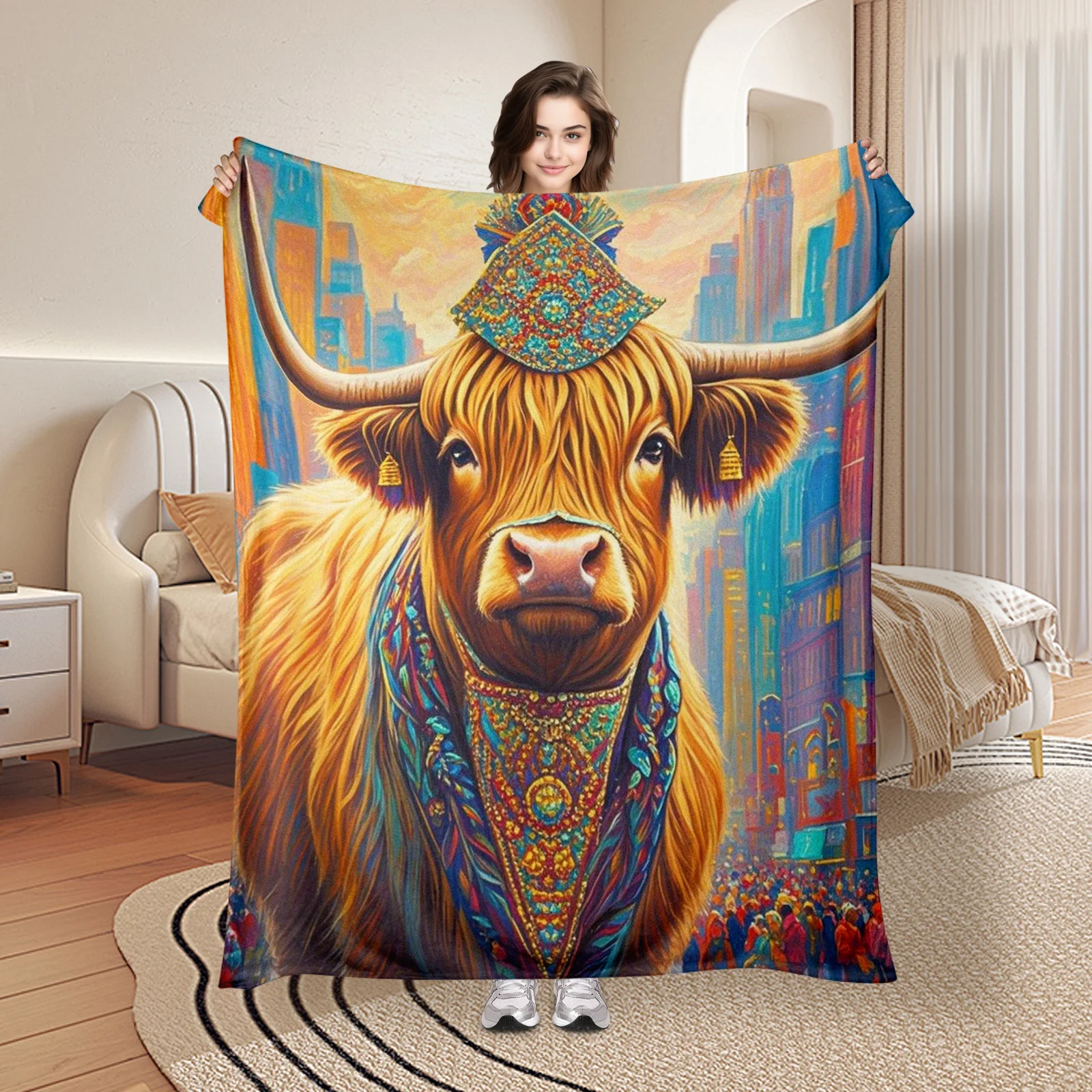 Hand Drawn Cow Ethnic Dress Street Scene Blanket Cultural Plaid Throw For Unique Home Decor Gift Idea Warm Artistic Design