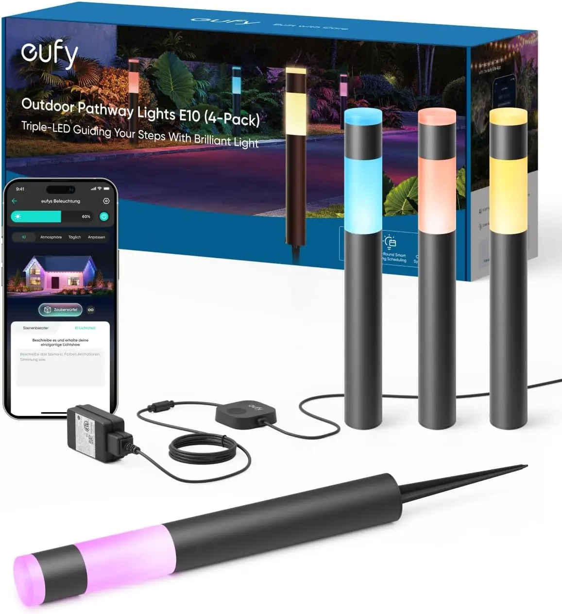 eufy Outdoor-Wegeleuchten E10, 4er-Pack, intelligente kabelgebundene RGBWW-LED-Landschaftsleuchten, 350 lm, IP65 wasserdicht für den Hof, KI-Licht