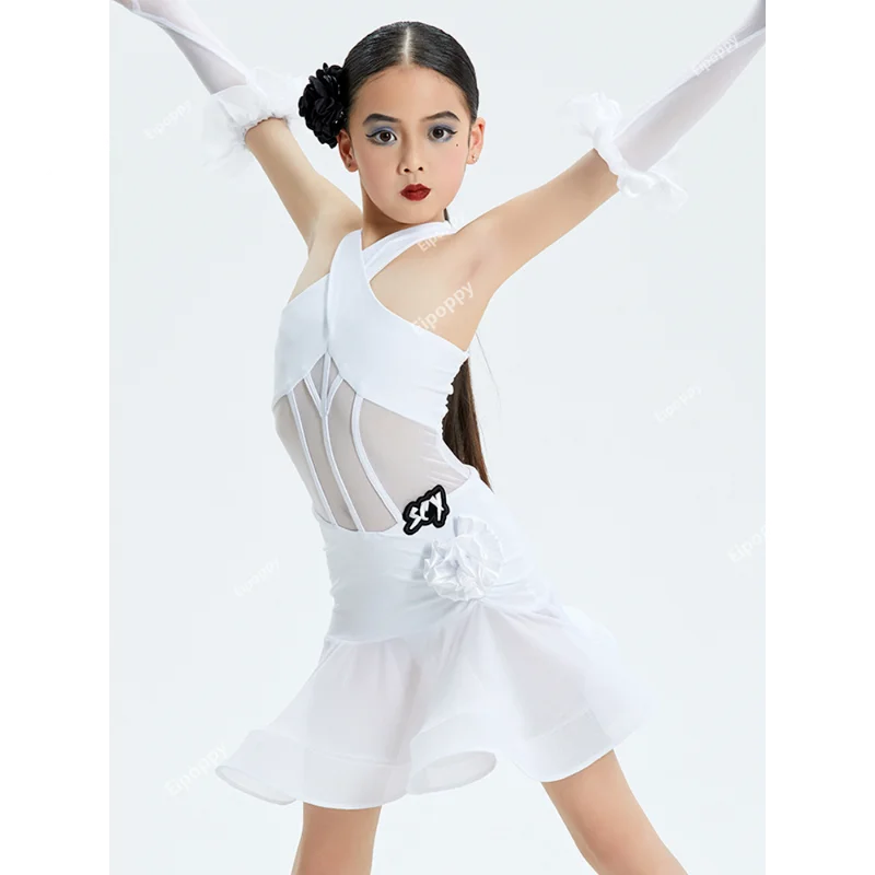 New Girls Latin Dance Competition Dress White Suit Halter Neck Performance Costume Kids Rumba Ballroom Dance Dress