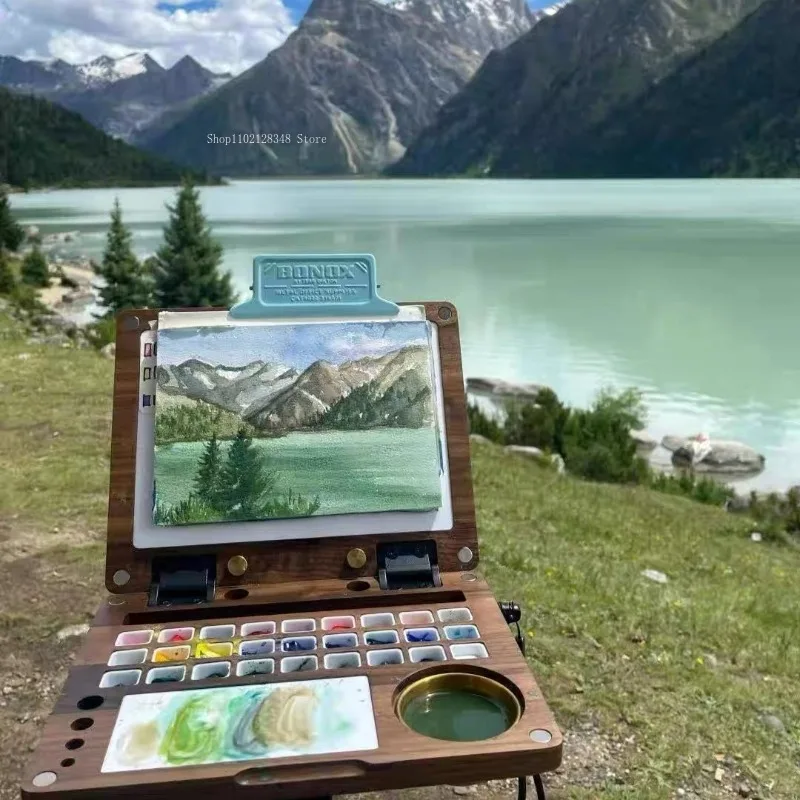 27 Grids/2ml Portable Watercolor Paint Box Black Walnut Wood Student Outdoor Sketching Painting Tools Enthusiast Watercolor Box