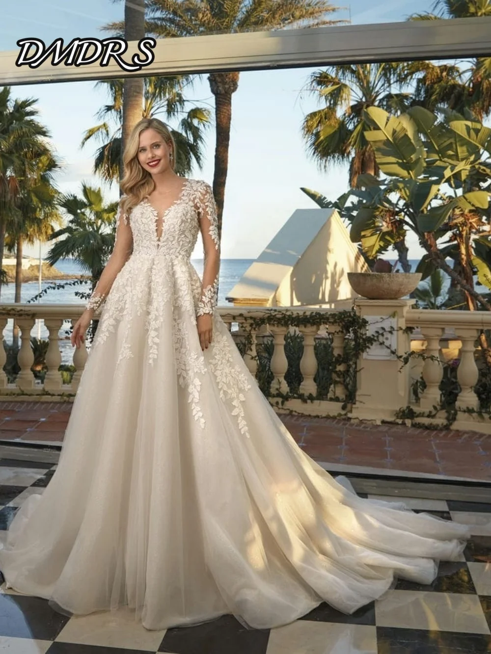 

Formal Deep V-Neck Wedding Dresses Romantic A-Line Bridal Gowns Simple Lace Floor-Length Wedding Gowns Vestidos De Novia