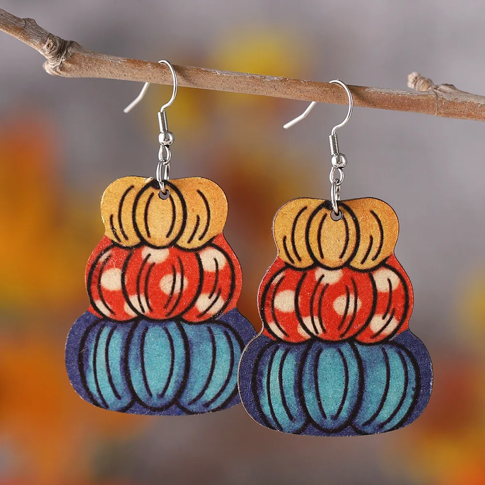 Thanksgiving Day Series Earrings Classic Three-color Pumpkin Pile Wooden Double-sided Pendant Earrings Jewelry Presents