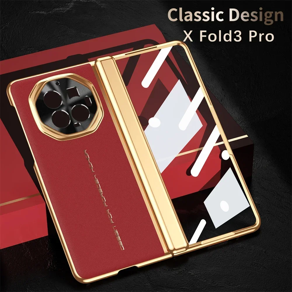 

For VIVO X Fold 3 Pro X FOLD3 Luxury Electroplated Matte Leather Case With Tempered Film Anti-Fingerprint Shockproof Hard Cover