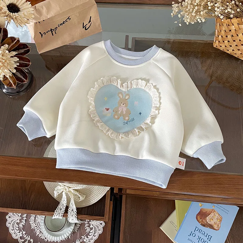 Spot GoodsQY259665Girls' Sweater2025Autumn New Round Neck Color-Block Heart Patch Fleece-Lined Top