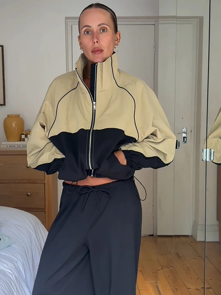 Retro Color Block Windbreaker Jacket Casual Zip Stand Collar Sporty Loose Crop Jacket Lady Spring Autumn Daily Dating Streetwear