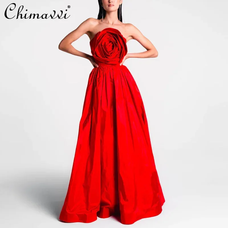 

French Style Elegant Socialite Strapless Long Dresses Splicing 3D Flower Off-shoulder High Waist A-line Red Evening Dress Women