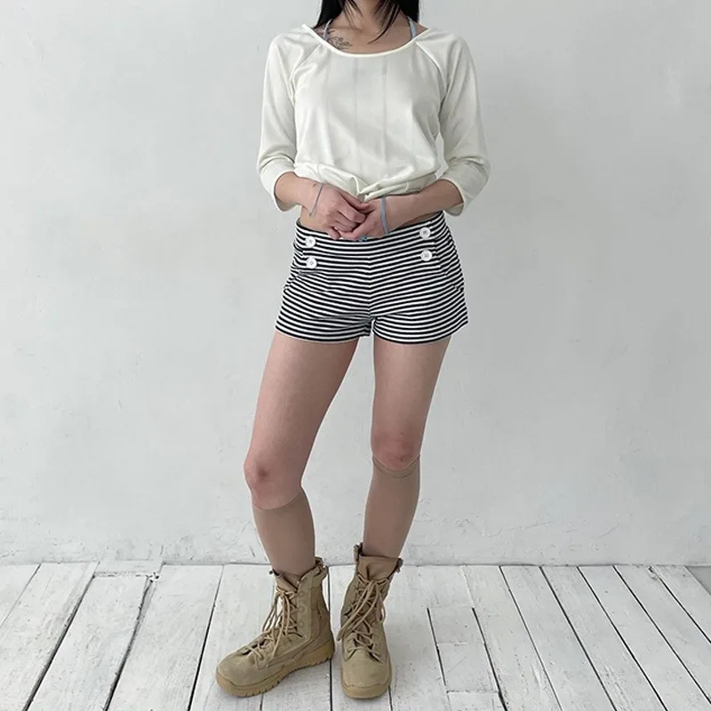 Korean Y2K Women Casual Fashion Solid Color Button Up Hip Hot Shorts Striped Versatile Trendy