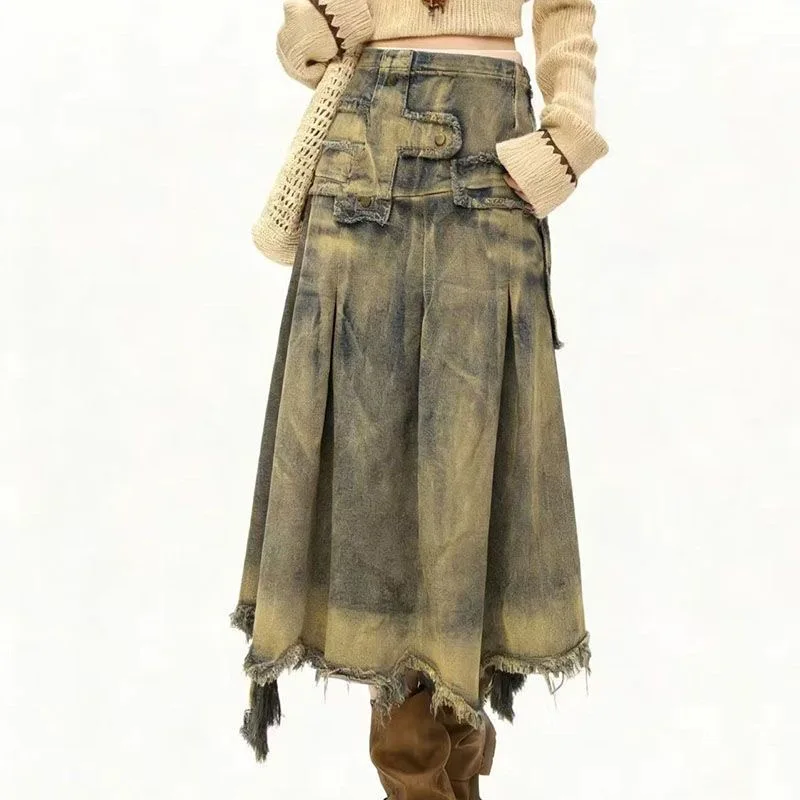 Women's Blue Frayed Hem Denim Skirt Baggy Y2K Japanese Harajuku High Street 90S Fashion Retro Denim Long Skirt Clothing 2026 New