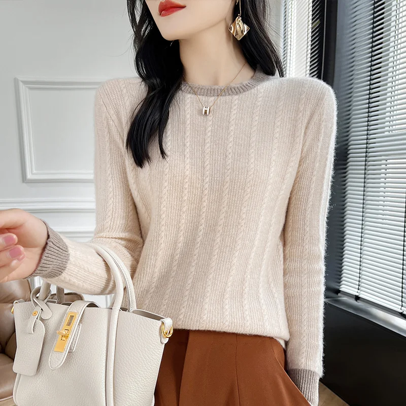 100% Wool Sweater Women Patchwork O-neck Long Sleeve Top Loose Casual Loose Knit Female Pullover Autumn Winter Jumper Clothing