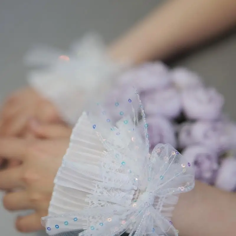 Sequins Wrist Cuffs Detachable Elegant Wristband Flared Tulle Ruffled False Bowknot Cuffs Sweater Wristband 6XDA