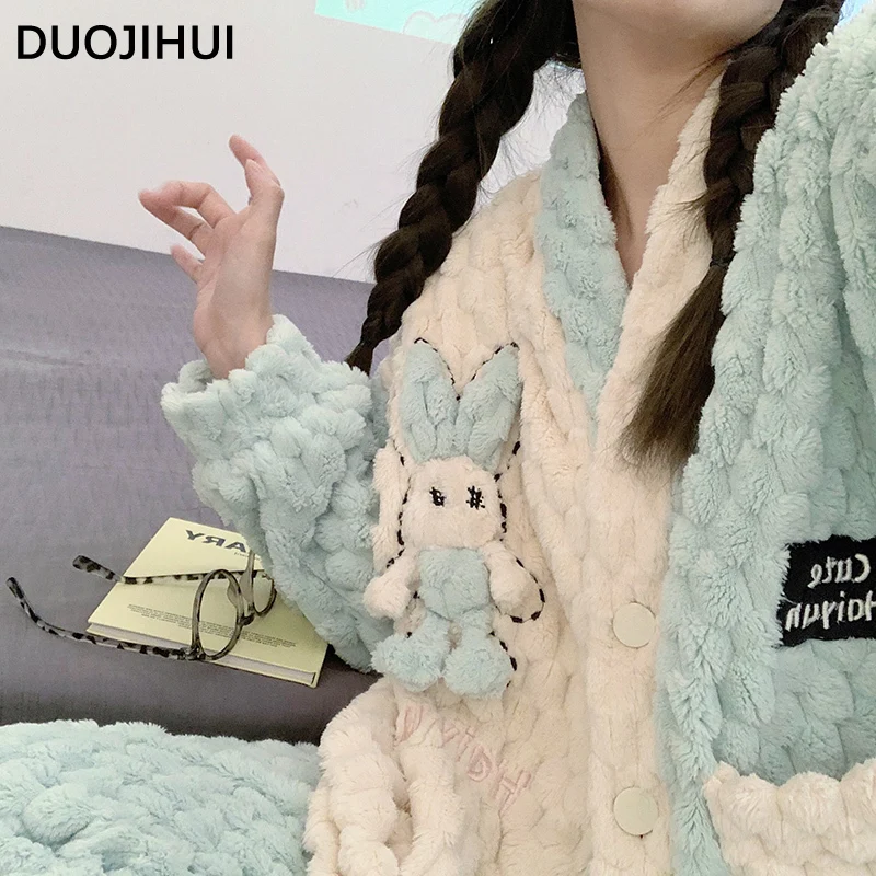 DUOJIHUI Classic Spell Color Simple Lovely Pajamas for Women Winter Button Cardigan Top Loose Pant Fashion Female Sleepwear Sets