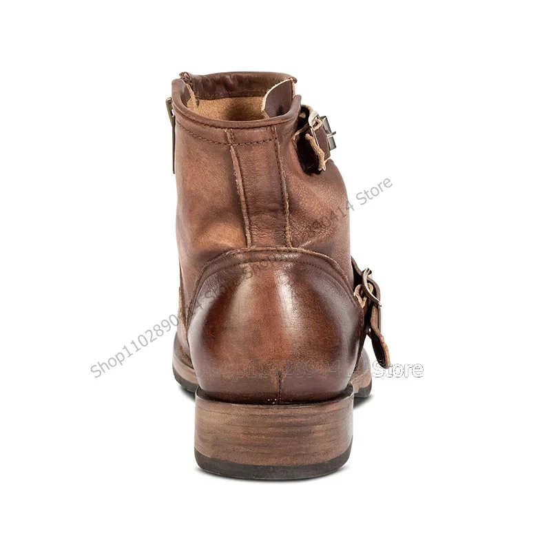 Botas marrones de punta redonda para hombre, zapatos de vestir sin cordones, decoración de cinturón, artesanía de lujo, fiesta, banquete, Oficina