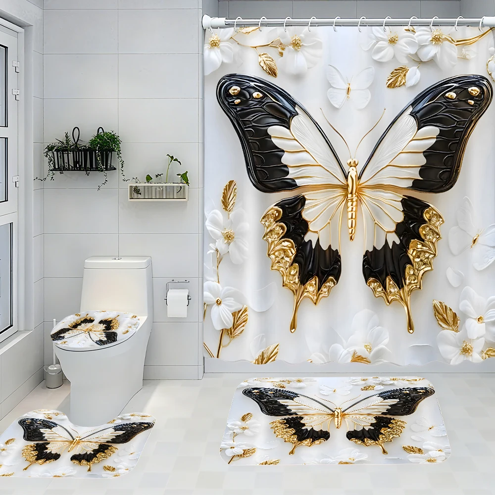 

Flower Bathroom Four-piece Set - Avant-garde waterproof shower curtain, creating a complete bathroom suite
