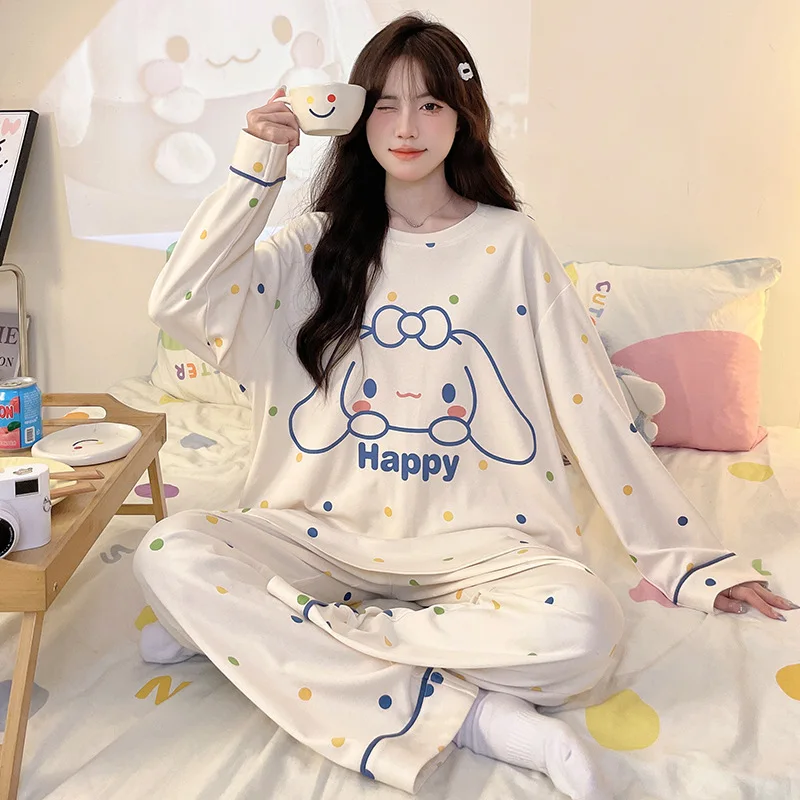 Cartoon Sanrio Yugui Dog Pajamas Autumn Crew Neck Cotton Long Sleeve Pants Two-piece Women\'s Pajamas Strawberry Bear Loungewear