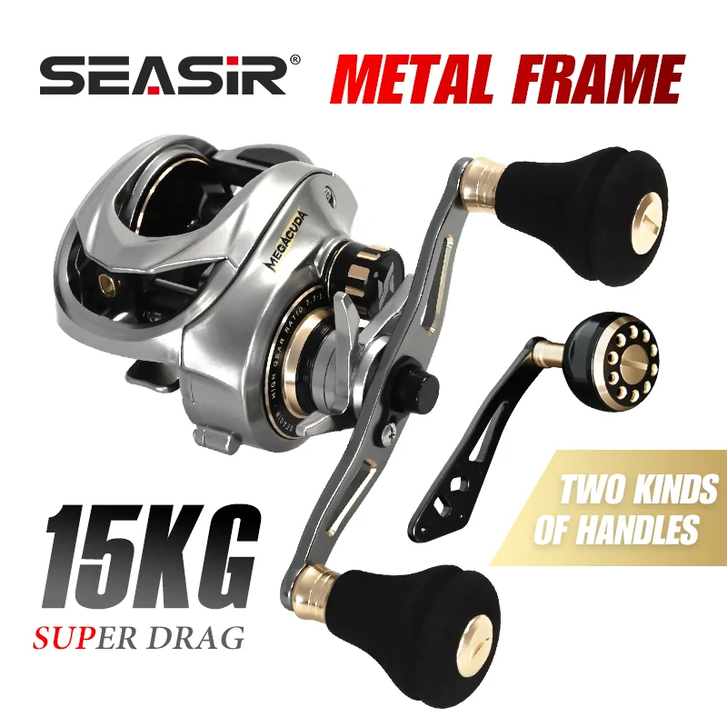 SEASIR Megacuda Metal Baitcasting Reel ALUMINUM FRAME Carbon Side Jigging Reel Double Handle Max Drag 15KG 6.5:1 Metal Ball Grip