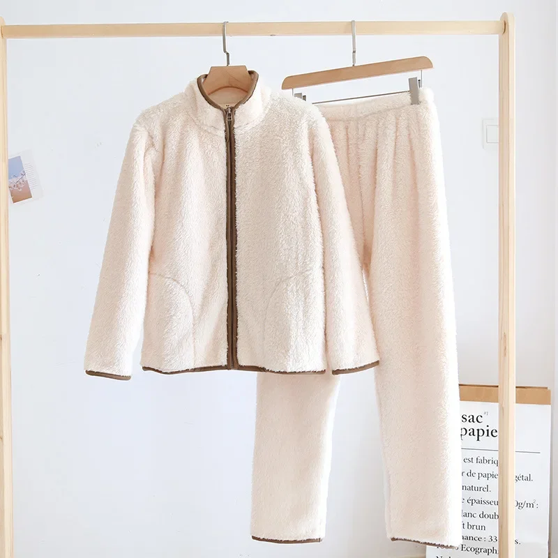 New autumn and winter women's pajamas set flannel long-sleeved trousers two-piece thickened warm ladies simple home clothes