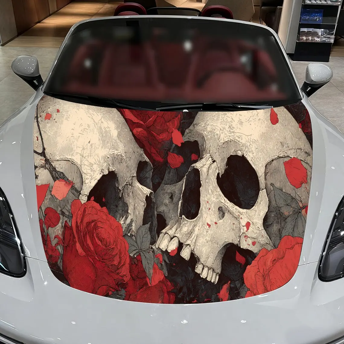 

Striking Red Rose Skull Car Hood Stickers - Self-Adhesive, Waterproof and Durable Vinyl Wrap, Decorate And Protect Your Car - Th