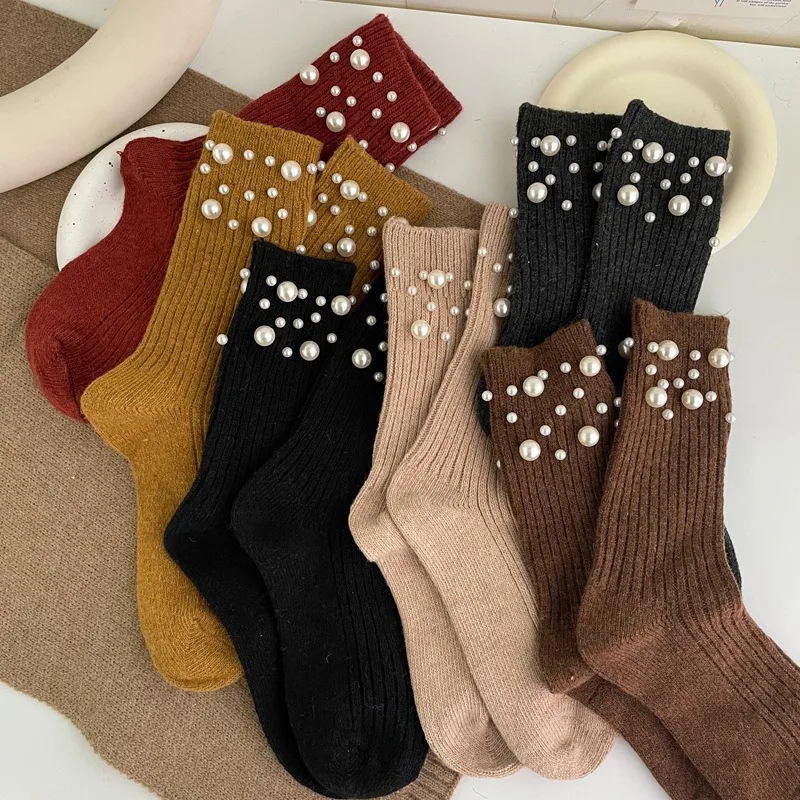 1 Pair of Women's Fashionable Pearl Decorative Socks, Cute Princess Style Mid Calf Korean Style Socks, Clothing Accessories