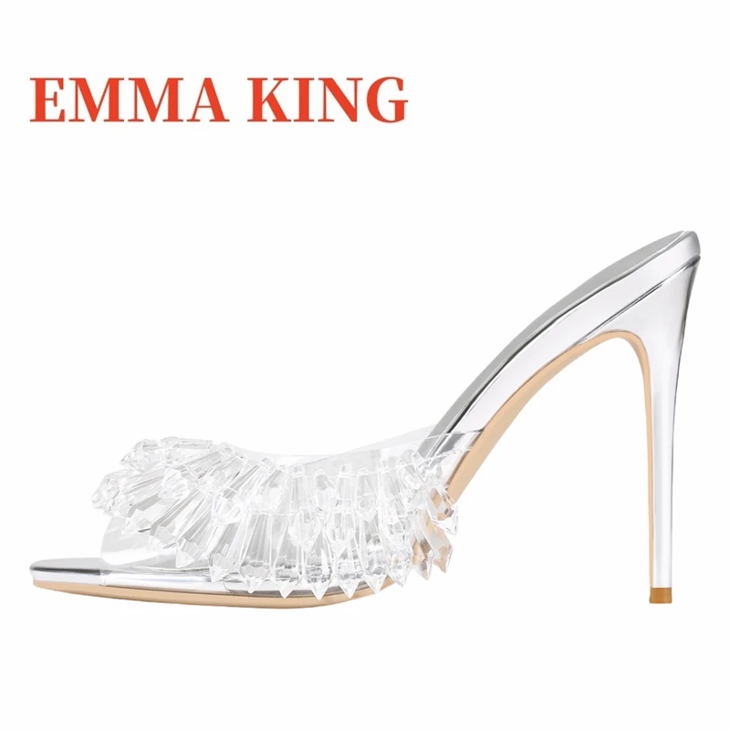 واضح بولي كلوريد الفينيل المفتوحة تو البغال النساء تألق الفضة معكوسة عالية الكعب أحذية أنيقة السيدات مطرز ديكور النعال الصلبة حجم كبير 46 #3