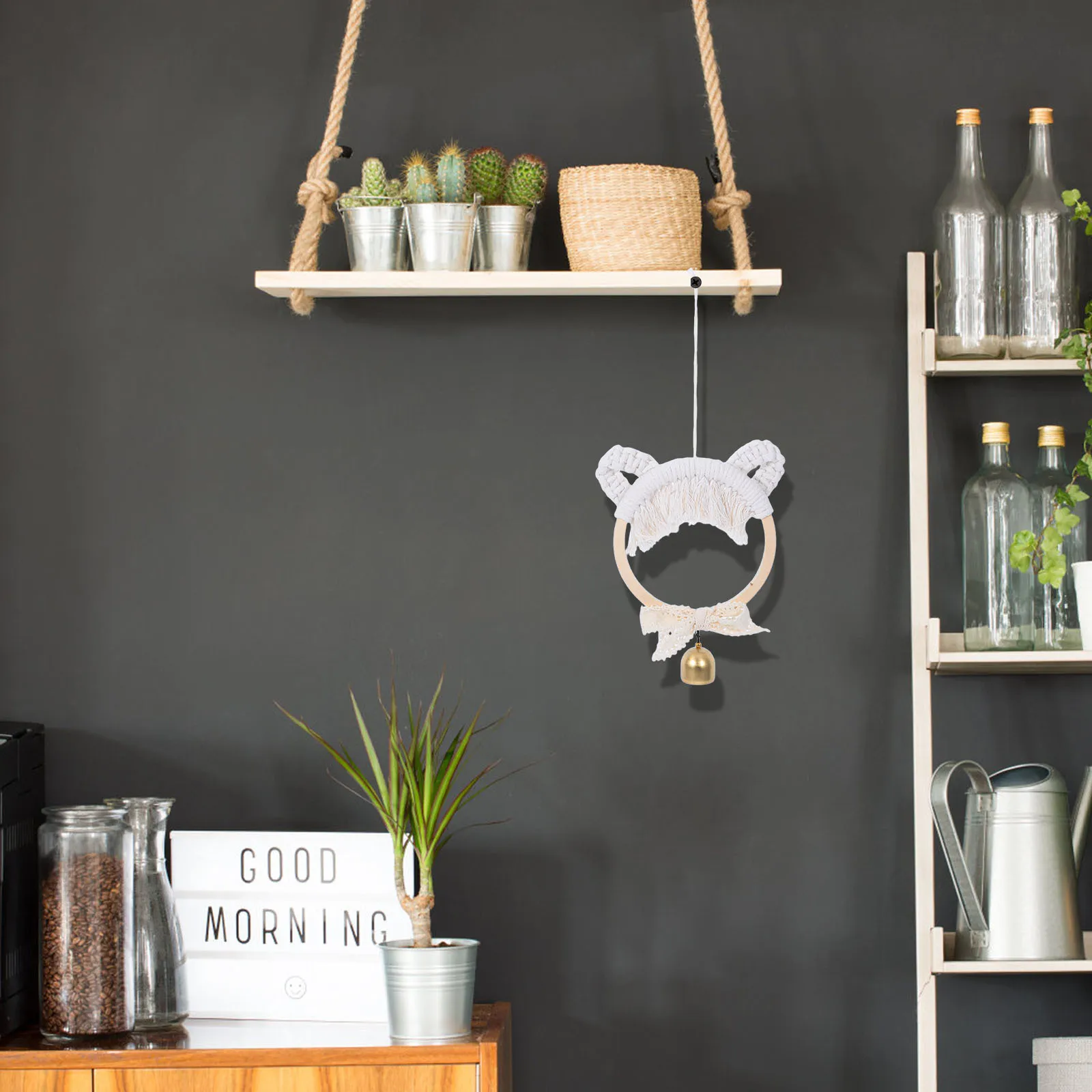 

Handmade Knitted Cat Bell Decoration Woven Hanging Pendant for Wall Home Decor Nordic Style Craft Gift Women Wooden Handmade Cat
