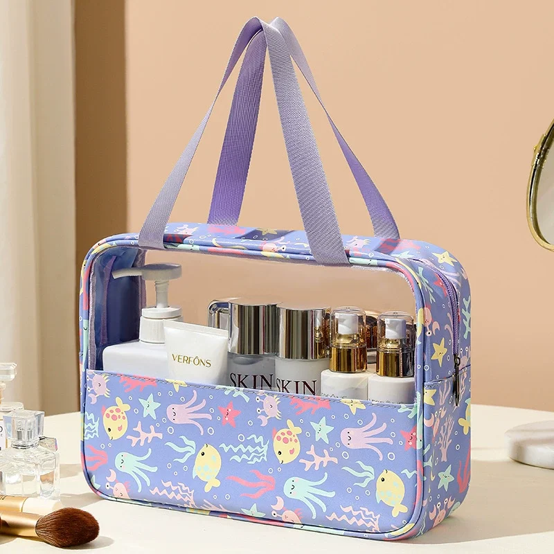 

Transparent Makeup Bag Large Capacity Waterproof Toiletry Pouch Travel Cosmetic Organizer Sweet Macaron Hand Carry Storage Case