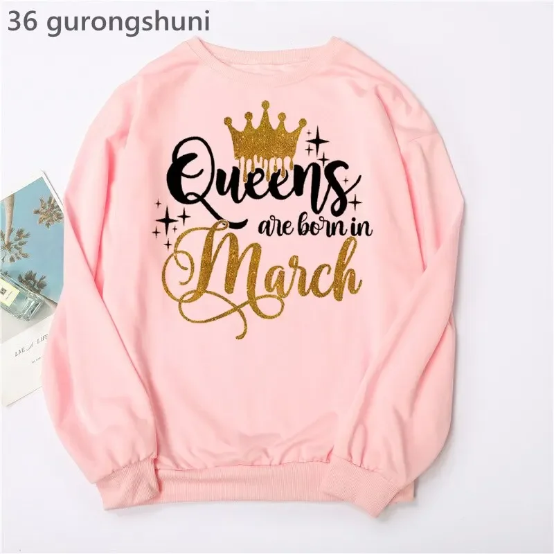 Birthday Gift Pink Hoodies Women Clothes 2024 Golden Crown Queen Are Born In January To December Graphic Print Sweatshirt Femme