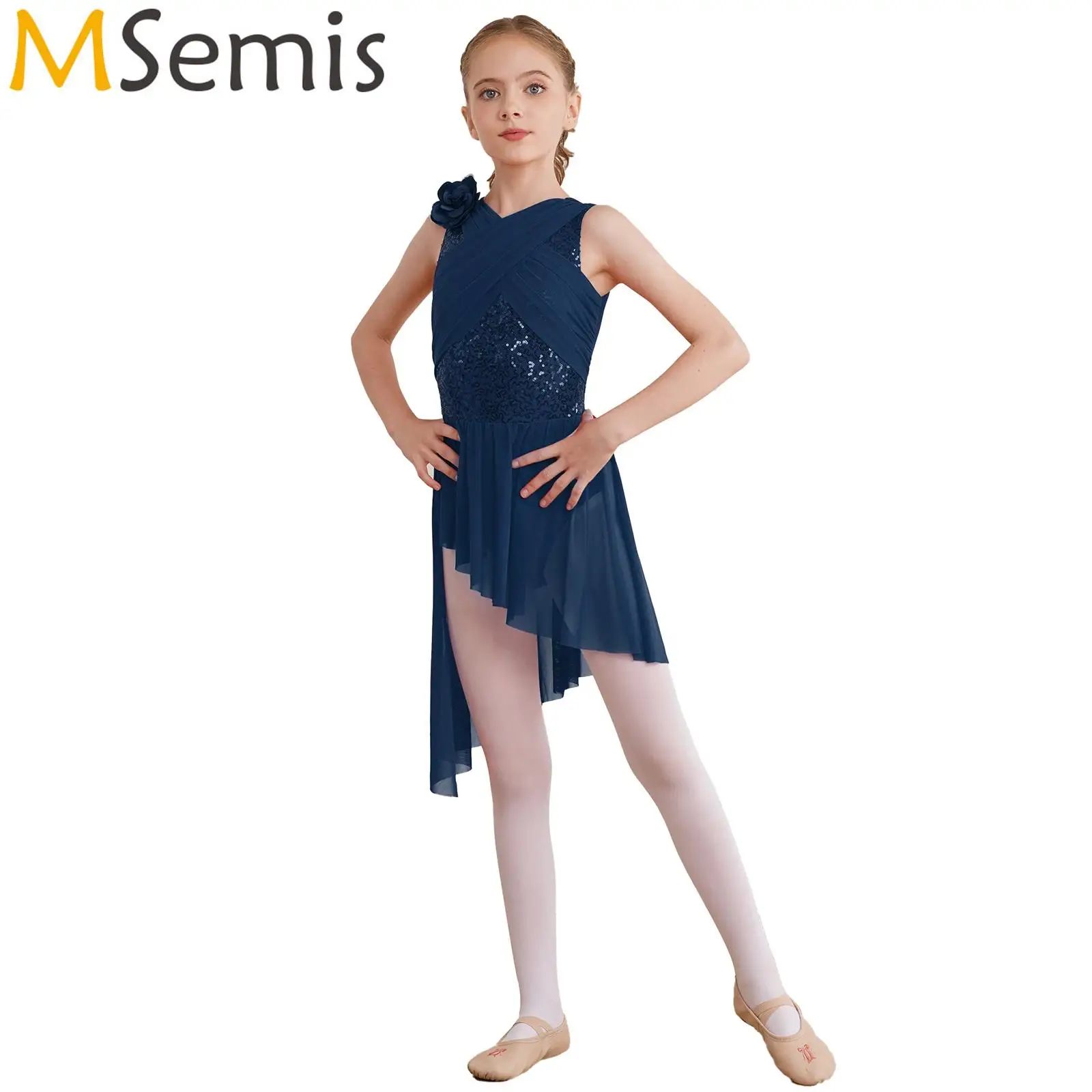 

Kids Girls Shiny Sequin Figure Skating Costume Ballet Jersey Latin Jazz Lyrical Dance Overlay Dress Skirted Leotard with Flower