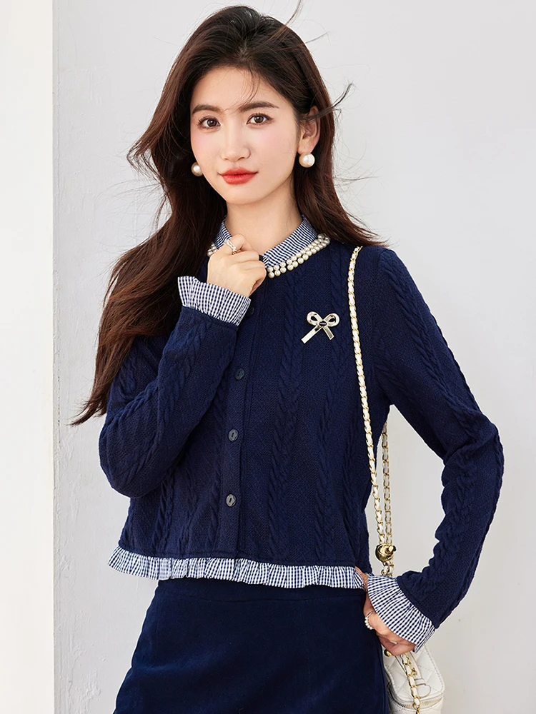 Women Clothes Fake Two Pieces Knitted Cardigan Autumn New Vintage Preppy Style Chic Casual Tops Female Simple Sweater